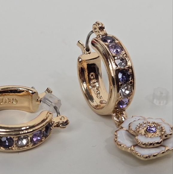 Guess Elegant Gold Tone Tan Enamel Purple Stones  Floral Hoop Earrings - Picture 5 of 16